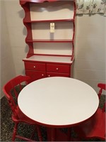 red hutch with table and 2 chairs