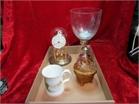 Wedding clock, candle stick, dish, and bone china