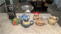 Assorted Teapots, Vases, Kitchen Knife Set