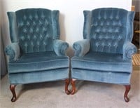 Pair of Blue Queen Anne Wing Back Arm Chairs