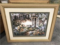 framed art - floral courtyard, signed, 36"x30",