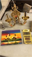 Gold plated light fixture, small beach painting,