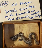 925 sterling silver dragon brooch w faux? diamonds