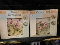 NEW IN BOX EMILY'S GARDEN CERAMIC CLOCK & THERMOME