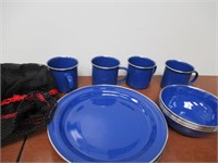 Enamel  Blue Camping Dishes with Bag