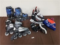 kids skates, gloves, 2x roller blades, Oilers hat