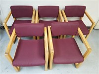 5x Solid well used wood and fabric chairs X5