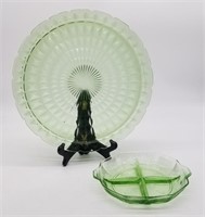 Green Carnival Glass Sectioned Dish & Platter