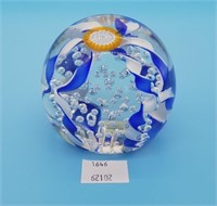 Art Glass Paperweight w Blue & White Swirls Unmark