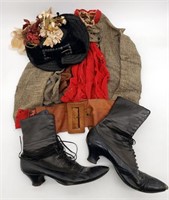 Victorian Ladies Hat w Pin, Laced Boots, Jacket+