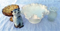 Silvercrest Dish, Opalescent Hobnail Vase, Cat+
