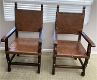 2pc Hand Stretched Leather Wooden Frame Chairs
