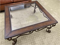 Large Square Leather, Glass & Metal Coffee Table