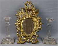 Rococo Brass Mirror & 2 Glass Candlesticks