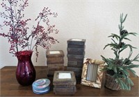 Candles, Vase, Faux Pine Tree, Coasters