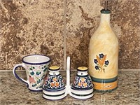 Pottery Cup, Salt and Pepper, and Wine Bottle