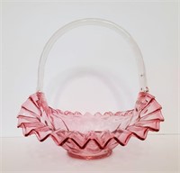 10 1/2" Cranberry Glass Ruffled Brides Basket