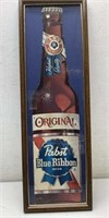 * Pabst cardboard bottle cutout and framed unglass