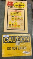 Two Signs - Plastic Pennzoil & “Caution”