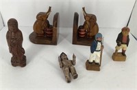 Wood carved figures w/ elephant bookends