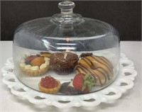 * Dome covered Milk Glass Plate w/Fake Pastries