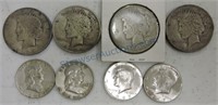 US coin lot: 4 Peace dollars, 2 Franklin halves,