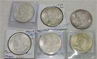 Lot of 6 silver dollars: 1885-O AU, 1888 AU,