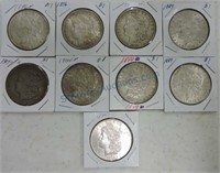 Lot of 9 Morgan silver dollars, mixed dates,