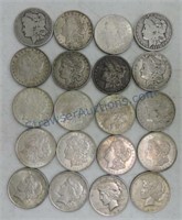 Lot of 16 Morgan & 4 Peace silver dollars