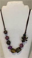 Brown cord large beads flower necklace