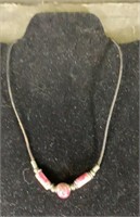 Black Cord/Pink Floral Bead Necklace