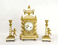 French Dora Bronze & Marble Clock Set