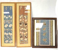 Three Chinese Framed Silk Embroidered Panels