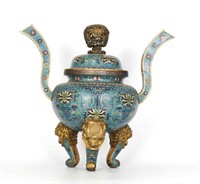 Large Chinese Cloisonne Tripod Covered Censer
