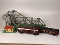 Vintage Lionel Bascule Bridge & 2 train cars