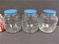 3 canister jars w. blue lids