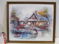 Art, lighted cottage w. flowers
