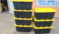 Seven 27 gallon totes