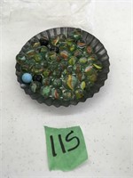 vintage marbles w/shooter in metal tray