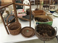 lg wicker tray/baskets, pine cones, embrodery hoop
