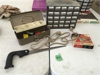 tackle box, hand saw, stapler, organizer