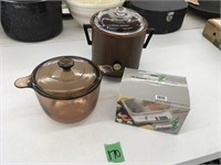 retro crockpot, steamer, brown glass pot