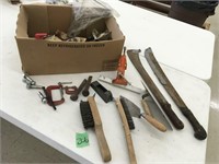 wire brushes, long corn knifes, misc box, clamps