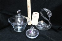 Fine glass covered candy dish, swan, and more