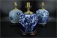 3 Chinese Blue and White Porcelain Jar Table Lamps