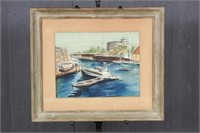 Mid Century Quayside Watercolor Signed Illegibly