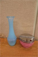 9" Vintage Blue Vase & Vintage Sugar Dish w Metal