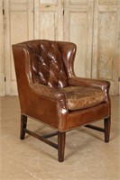 Button Tufted Leather Wing Chair