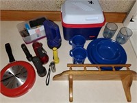 Flashlight, cooler, plates&cups, misc