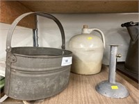 Stoneware Jug, Candlestick Holder and Tin